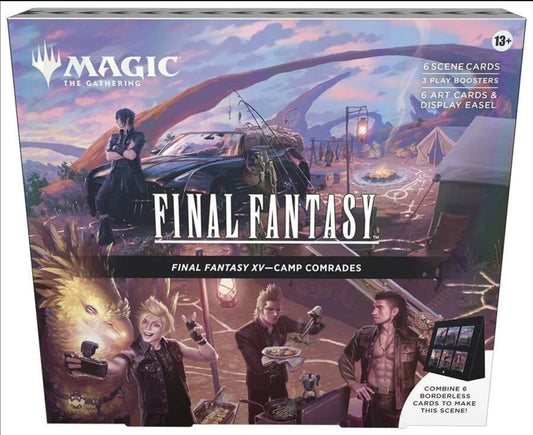 Magic: The Gathering - Final Fantasy XV Scene Box - Camp Comrades | 6 Foil Borderless Scene Cards, 6 Art Cards, 3 Play Boosters + 1 Display Easel